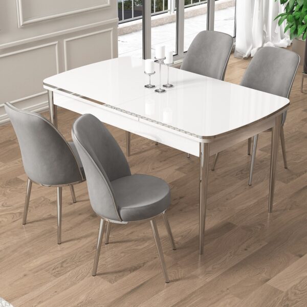 Canisa Pale Serisi 80X132 Açılabilir Beyaz Mutfak Masa Takımı 4 Sandalye Krom Detay