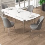 Canisa Pale Serisi 80X132 Açılabilir Beyaz Mutfak Masa Takımı 4 Sandalye Krom Detay - Görsel 2