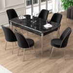 Canisa Pale Serisi 80X132 Açılabilir Siyah Mermer Desen Mutfak Masa Takımı 6 Sandalye Krom Detay