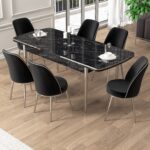 Canisa Pale Serisi 80X132 Açılabilir Siyah Mermer Desen Mutfak Masa Takımı 6 Sandalye Krom Detay - Görsel 2