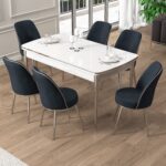 Canisa Pale Serisi 80X132 Açılabilir Beyaz Mutfak Masa Takımı 6 Sandalye Krom Detay