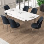 Canisa Pale Serisi 80X132 Açılabilir Beyaz Mutfak Masa Takımı 6 Sandalye Krom Detay - Görsel 2