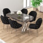 Zae Serisi 90X168 Lak Panel Antrasit Ironi gümüş Ayak Masa Takımı 6 Sandalye