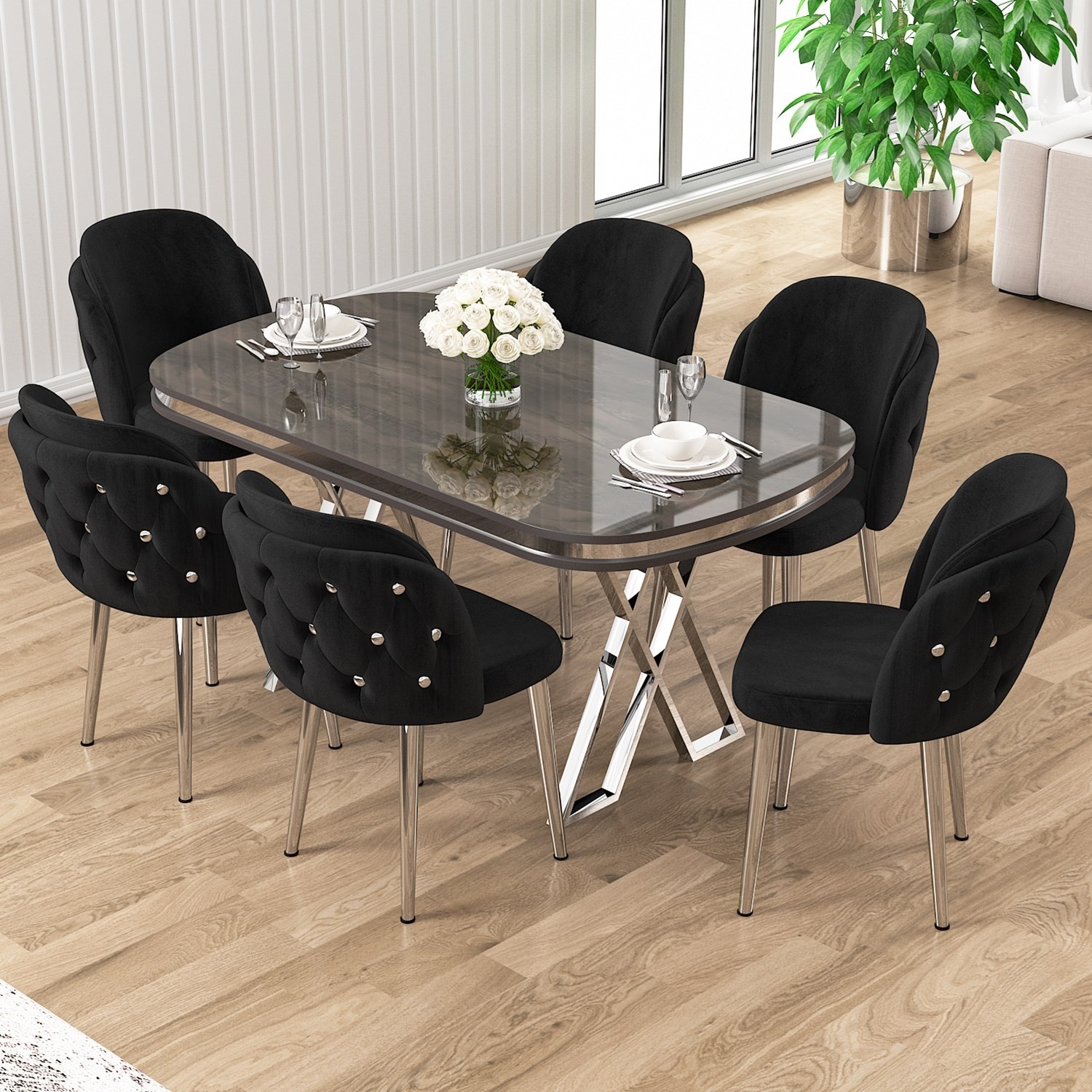 110000651677452.jpg Zae Serisi 90X168 Lak Panel Antrasit Ironi gümüş Ayak Masa Takımı 6 Sandalye - Görsel 1