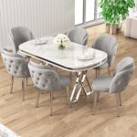 Canisa Zae Serisi 90X168 Lak Panel Beyaz Mermer Desen Krom Ayak Masa Takımı 6 Sandalye