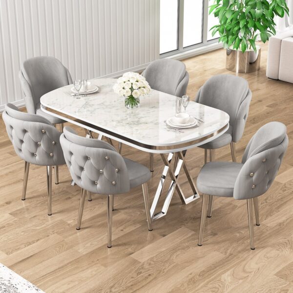 Canisa Zae Serisi 90X168 Lak Panel Beyaz Mermer Desen Krom Ayak Masa Takımı 6 Sandalye