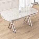 Canisa Zae Serisi 90X168 Lak Panel Beyaz Mermer Desen Krom Ayak Masa Takımı 6 Sandalye - Görsel 3