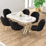 Zae Serisi 90X168 Lak Panel Beyaz Mermer Desen Gold Ayak Masa Takımı 6 Sandalye