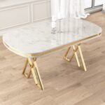 Zae Serisi 90X168 Lak Panel Beyaz Mermer Desen Gold Ayak Masa Takımı 6 Sandalye - Görsel 3