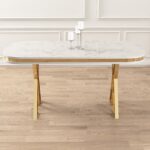 Zae Serisi 90X168 Lak Panel Beyaz Mermer Desen Gold Ayak Masa Takımı 6 Sandalye - Görsel 4