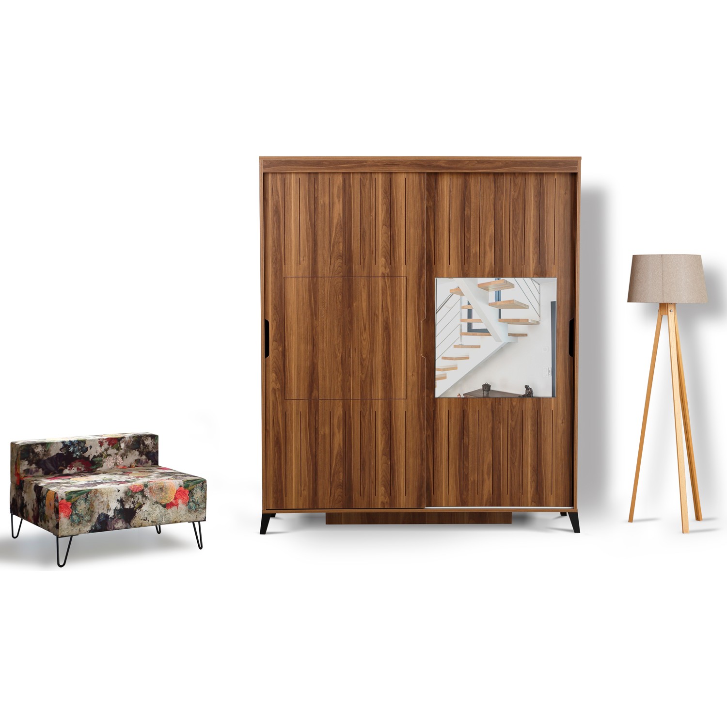 110000655399754.jpg Pasific Home Huga Sürgülü 2 Kapaklı Aynalı Gardırop, Ceviz ,150 cm - Görsel 1