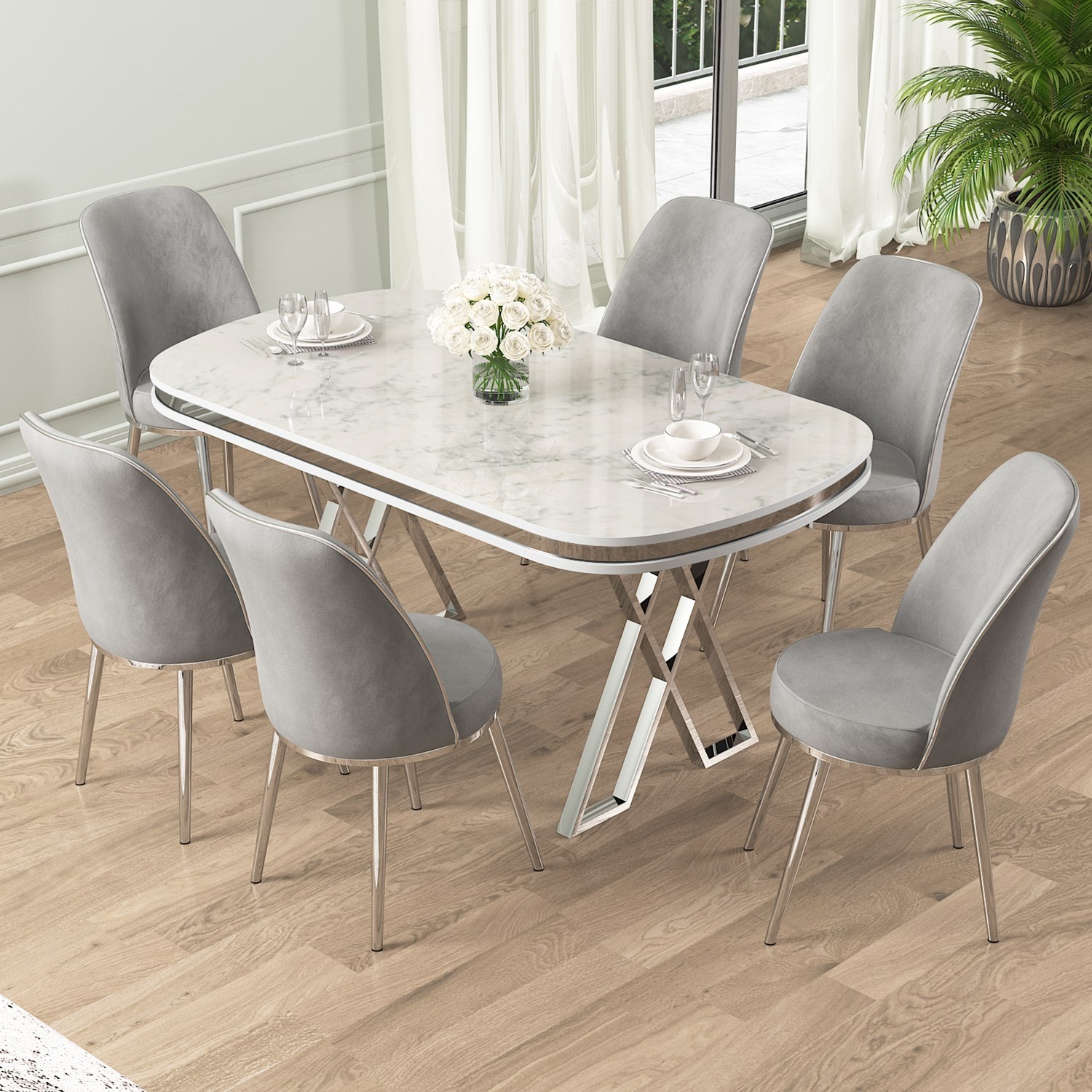 110000672703336.jpg Lai Serisi 90X168 Lak Panel Beyaz Mermer Desen Krom Ayak Masa Takımı 6 Sandalye - Görsel 1