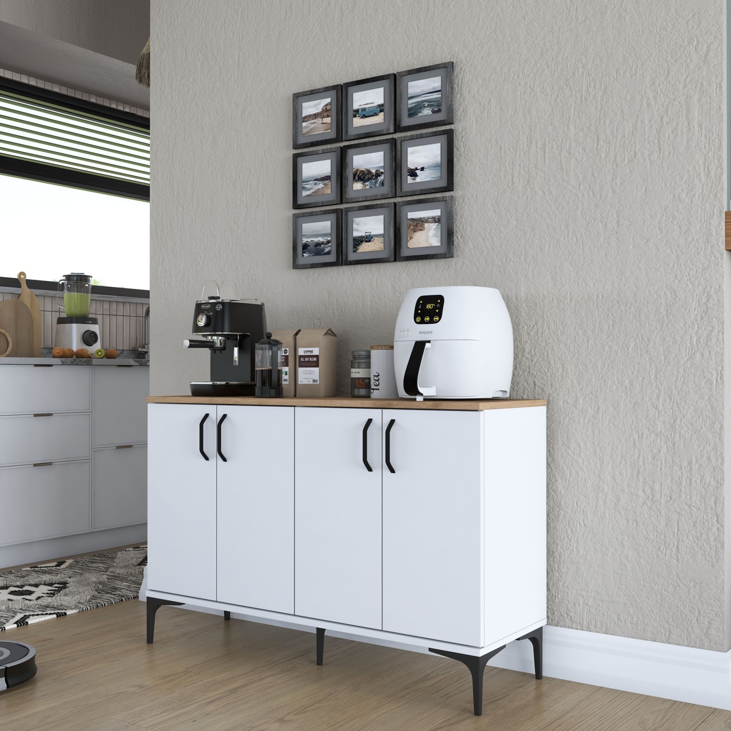 110000679745820.jpg Rani JE162 Kahve Köşesi Çok Amaçlı Dolap 4 Kapaklı Kiler Mutfak Dolabı Beyaz - Sepet Ceviz - Görsel 1