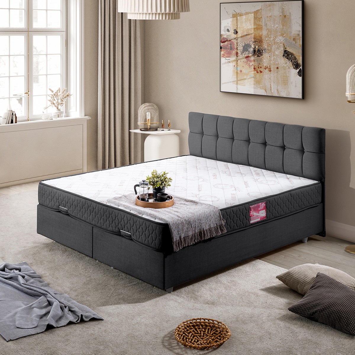 110000702832345.jpg Setay Berlin İkili Set Çift Kişilik Baza Başlık - Antrasit - Görsel 1