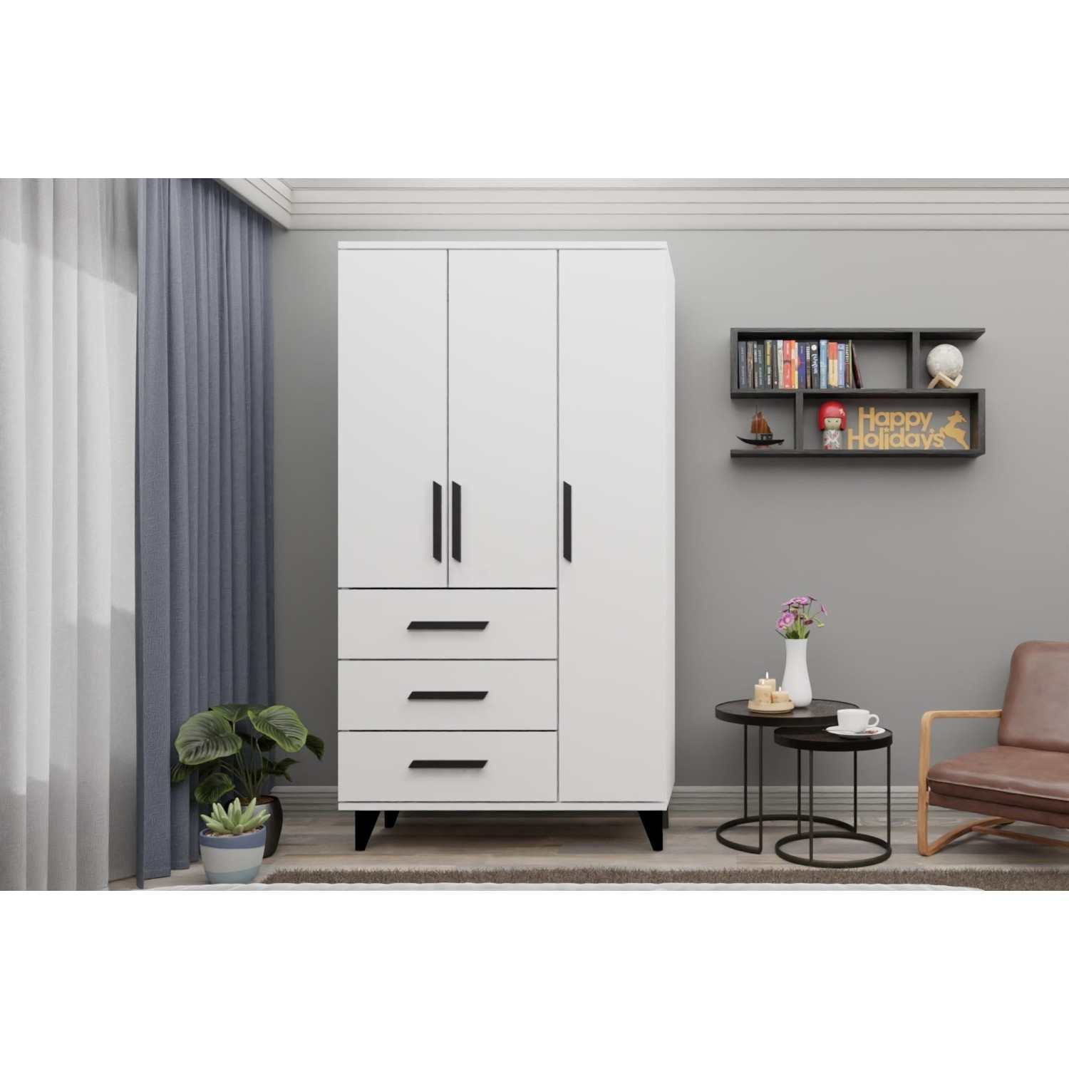 110000704931589-3.jpg Metalia Gm 303-A Ece 3 Kapı 3 Çekmeceli Ayaklı Siyah Kulplu Gardırop - Görsel 1