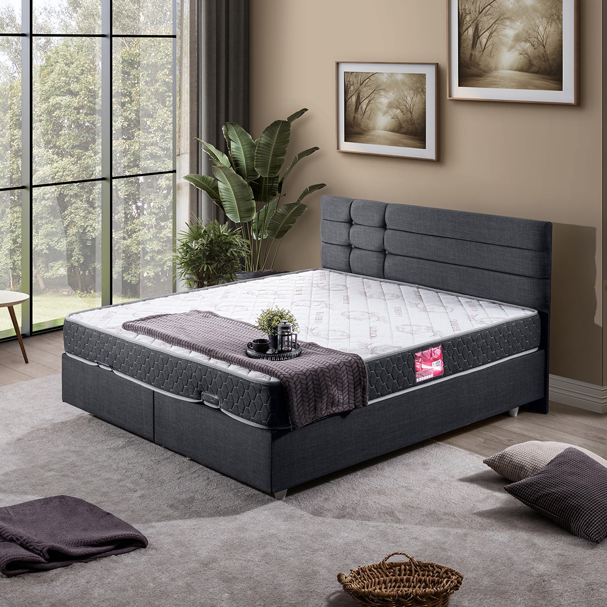 110000709485397.jpg Setay Viyana Çift Kişilik Baza Başlık Letto Yatak Seti Antrasit - Görsel 1