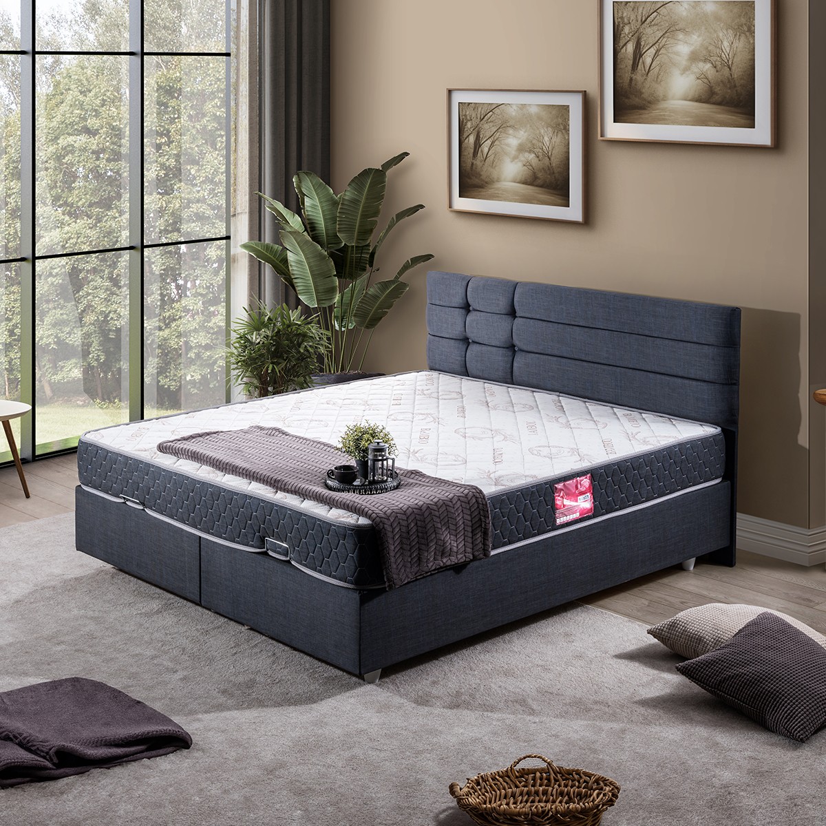 110000709487168.jpg Setay Viyana Çift Kişilik Baza Başlık Letto Yatak Seti Lacivert - Görsel 1