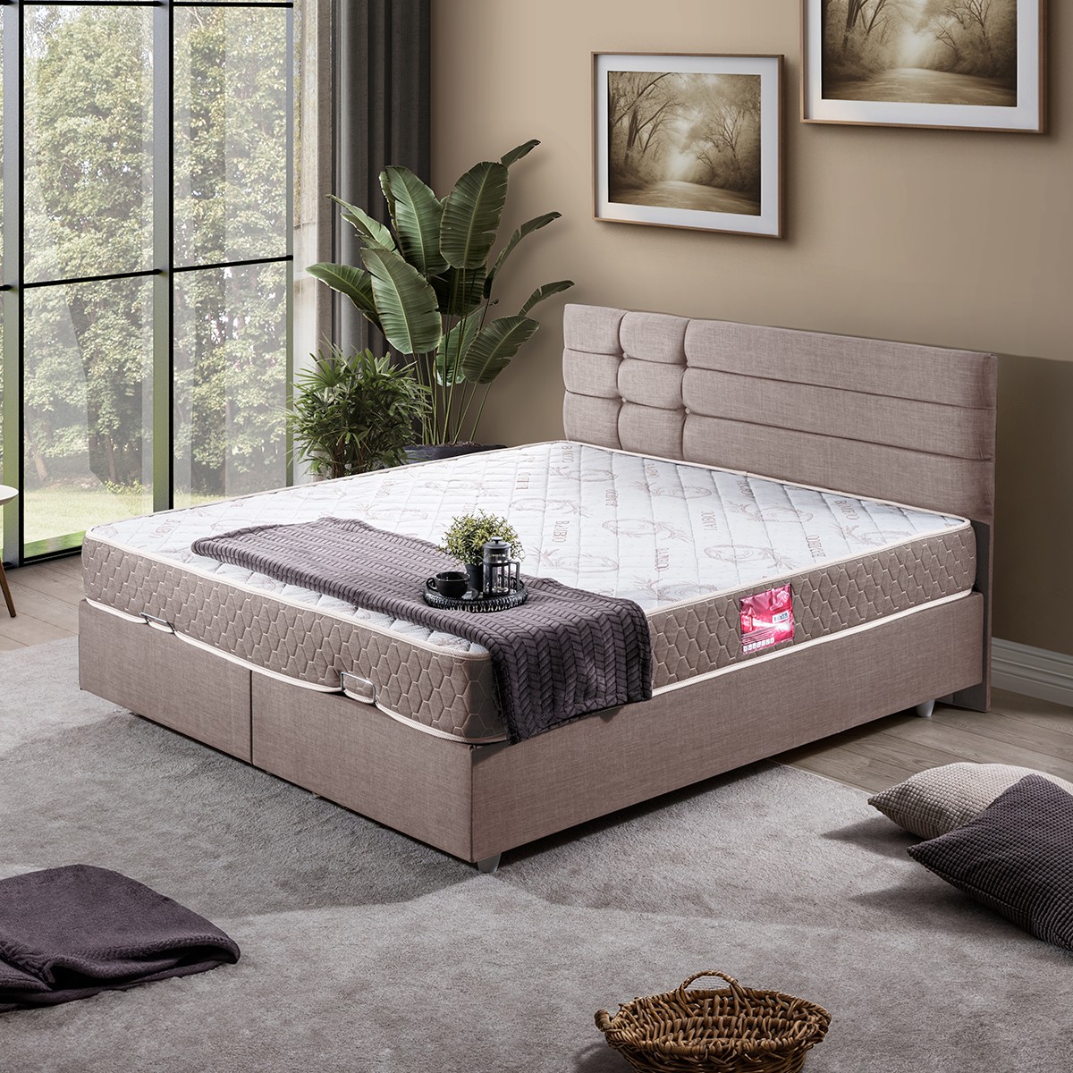 110000709487828.jpg Setay Viyana Çift Kişilik Baza Başlık Letto Yatak Seti Kahve - Görsel 1