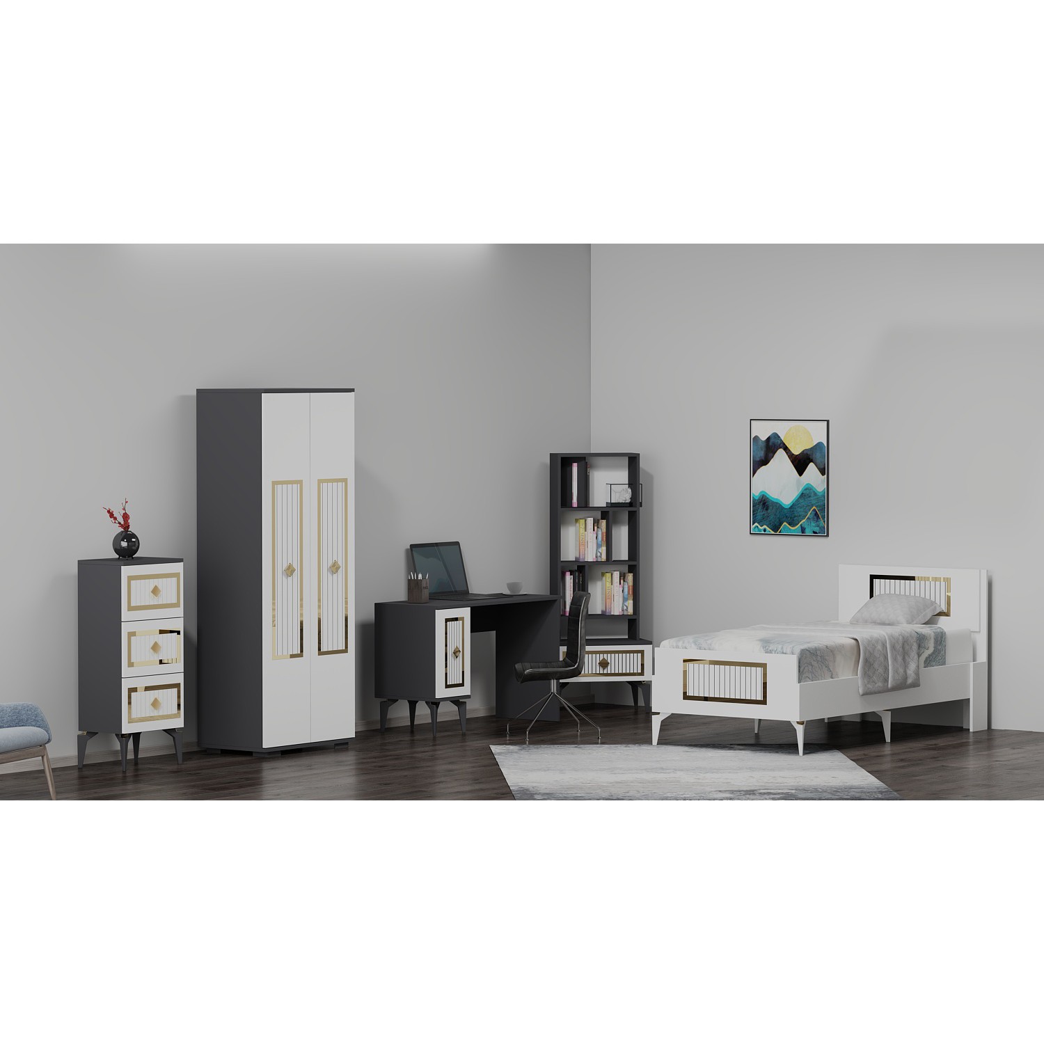 110000742604726.jpg Demonte Dekor Norra Çocuk Genç Odası Takımı (H-B-L-P-R) Antrasit-Beyaz-Altın - Görsel 1