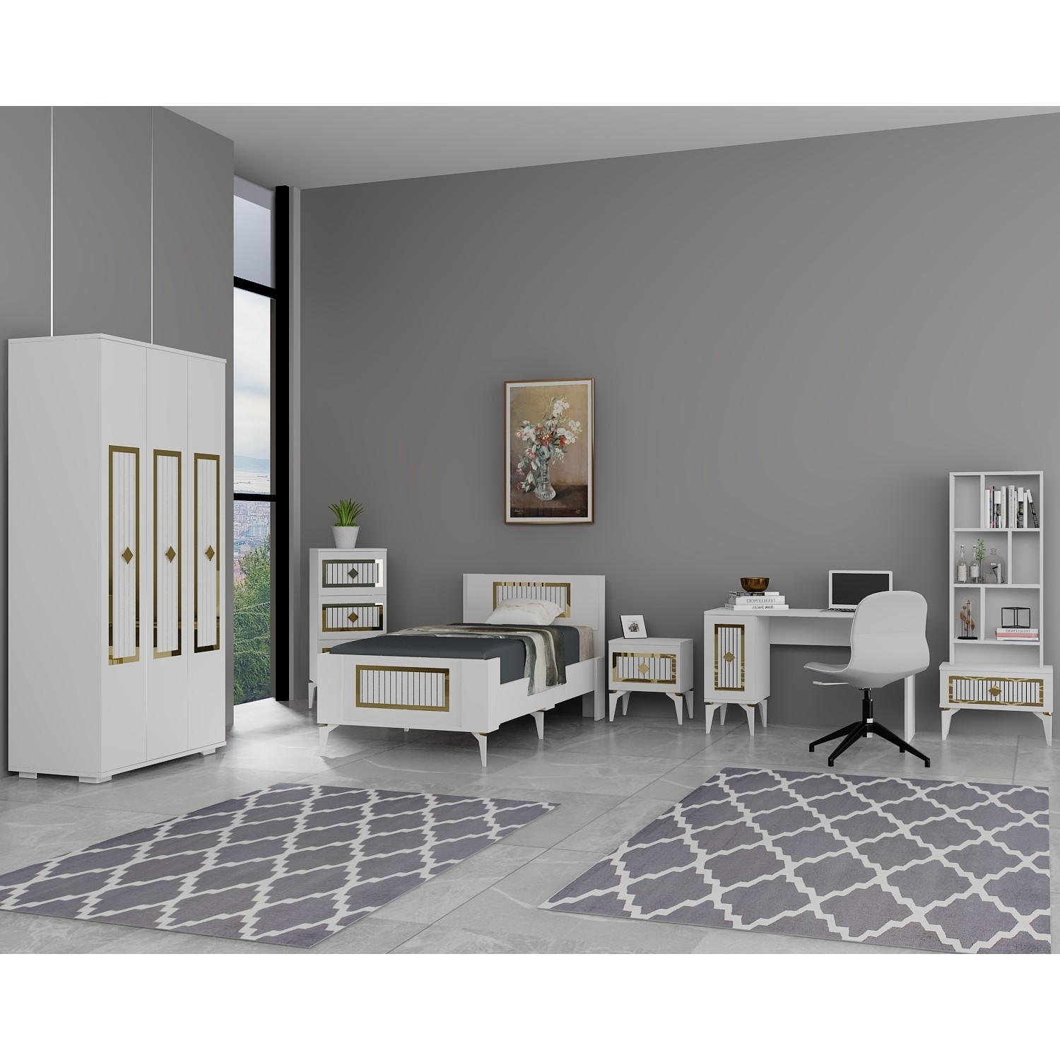 110000743053240.jpg Demonte Dekor Norra Çocuk Genç Odası Takımı (H-G-C-L-P-R) Beyaz-Altın - Görsel 1