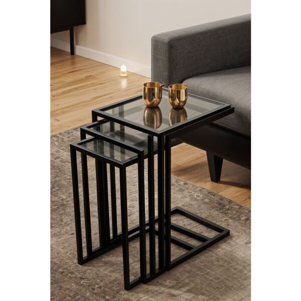 Dekopratik Ibiza Üçlü C Zigon Sehpa Takımı Koltuk Sehpası Metal Yan Sehpa Füme Camlı