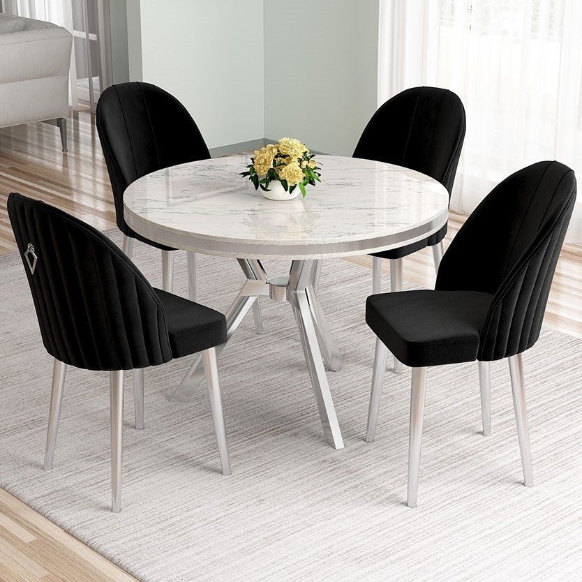 110000749041748.jpg Canisa Mos Serisi 90X90 Lak Panel Beyaz Mermer Desen Krom Kaplama Ayaklı Mutfak Masası Takımı ve 4 Sandalye - Görsel 1