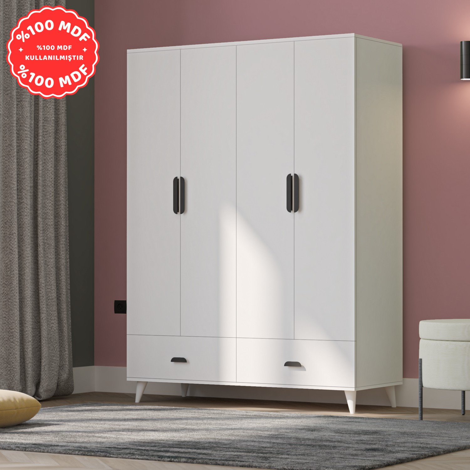110000749494091-1.jpg İmbaş Inci 4 Kapaklı 2 Çekmeceli Gardırop Beyaz %100 Mdf - Görsel 1