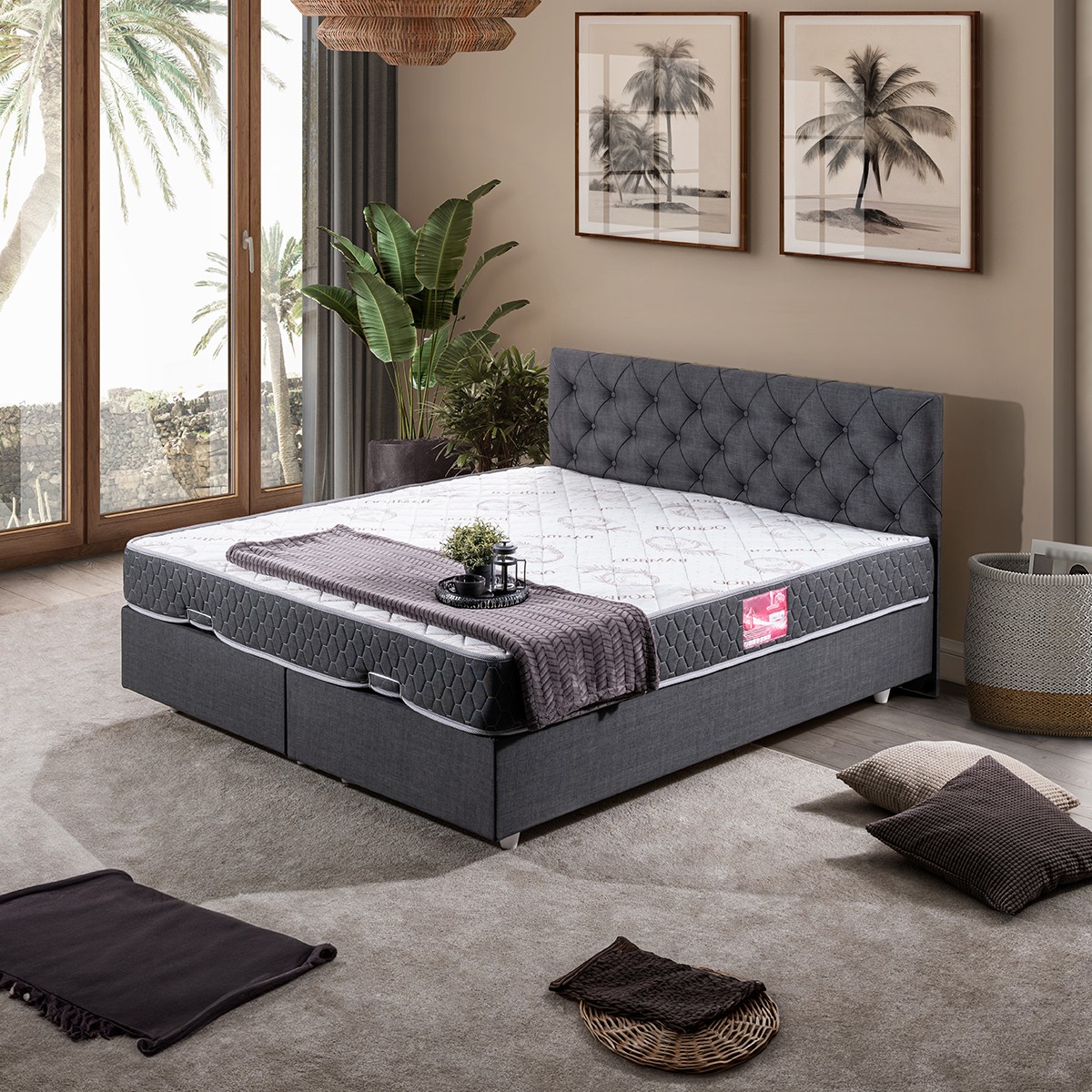 110000783034956.jpg Setay Eylül Çift Kişilik Baza Başlık Letto Yatak Seti - Antrasit - Görsel 1