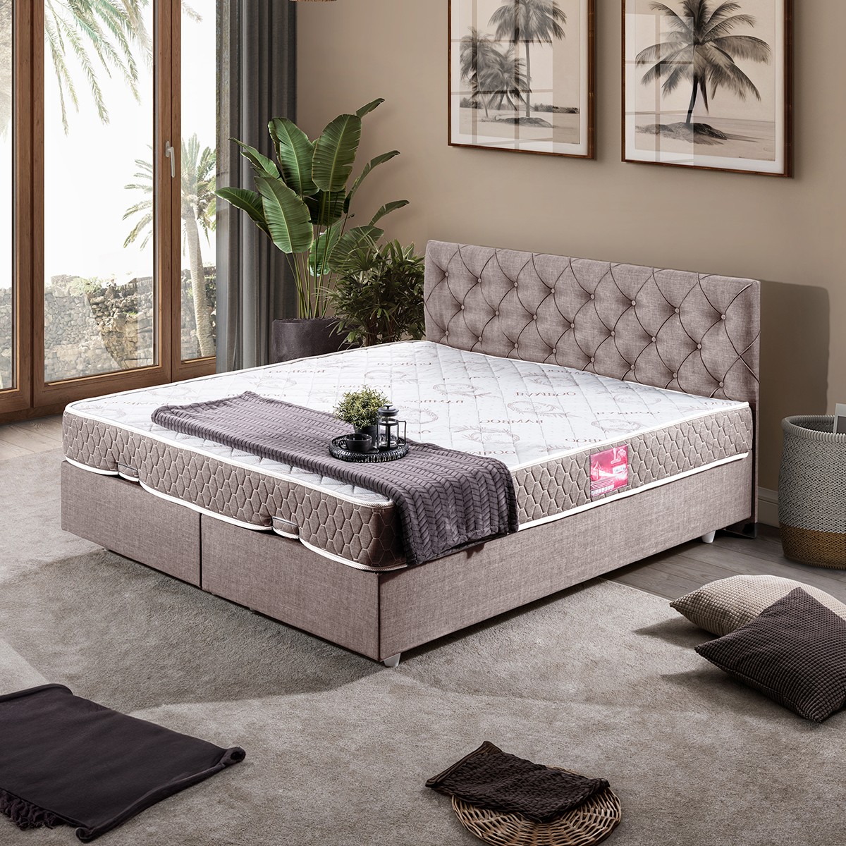 110000783035415.jpg Setay Eylül Çift Kişilik Baza Başlık Letto Yatak Seti - Kahverengi - Görsel 1