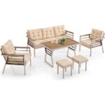 EVDEMO Lara Metal Puflu Bahçe Balkon Takımı 3+1+1+Ahşap Masa Cappuccino