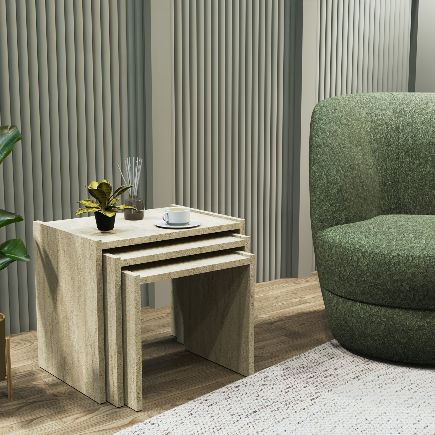 110000793193862.jpg Cool Home Vera 3'lü Zigon Sehpa Servis Sehpası Traverten - Görsel 1