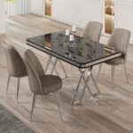 Canisa Vals Serisi 80X130 Lak Panel Krom Detay Siyah Mermer Desen Masa Takımı ve 4 Sandalye