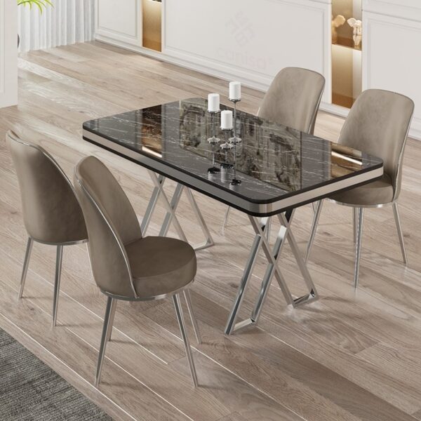 Canisa Vals Serisi 80X130 Lak Panel Krom Detay Siyah Mermer Desen Masa Takımı ve 4 Sandalye