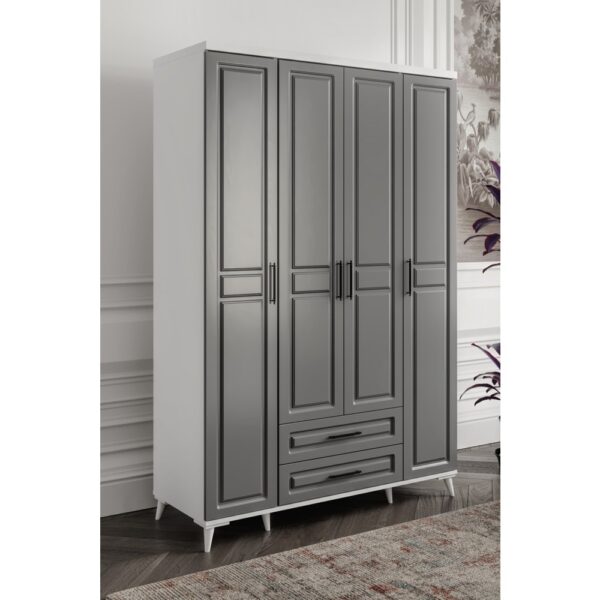 GuneyStore Ücretsiz Montaj - %100 MDF Gözde 4 Kapaklı Antrasit Beyaz Gardırop - MDF Dolap - Elbise Dolabı