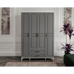 GuneyStore Ücretsiz Montaj - %100 MDF Gözde 4 Kapaklı Antrasit Beyaz Gardırop - MDF Dolap - Elbise Dolabı - Görsel 3