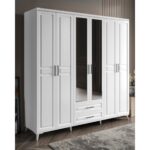 GuneyStore Ücretsiz Montaj - %100 MDF Gözde 6 Kapaklı Aynalı Beyaz Gardırop - MDF Dolap - Elbise Dolabı