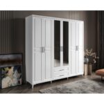 GuneyStore Ücretsiz Montaj - %100 MDF Gözde 6 Kapaklı Aynalı Beyaz Gardırop - MDF Dolap - Elbise Dolabı - Görsel 3