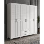 GuneyStore - Sanat 6 Kapaklı Beyaz Gardırop - Komple MDF Çekmeceli Elbise Dolabı - Ücretsiz Montaj