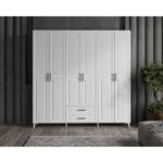 GuneyStore - Sanat 6 Kapaklı Beyaz Gardırop - Komple MDF Çekmeceli Elbise Dolabı - Ücretsiz Montaj - Görsel 2