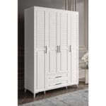 GuneyStore Ücretsiz Montaj - %100 MDF Sanat 4 Kapaklı Beyaz Gardırop - MDF Dolap - Elbise Dolabı