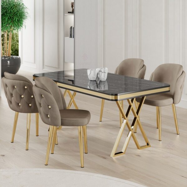 Canisa Rigel Serisi 80x130 Lak Panel Siyah Mermer Desen Masa Takımı Gold Ayaklı 4 Sandalye