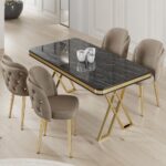 Canisa Rigel Serisi 80x130 Lak Panel Siyah Mermer Desen Masa Takımı Gold Ayaklı 4 Sandalye - Görsel 2