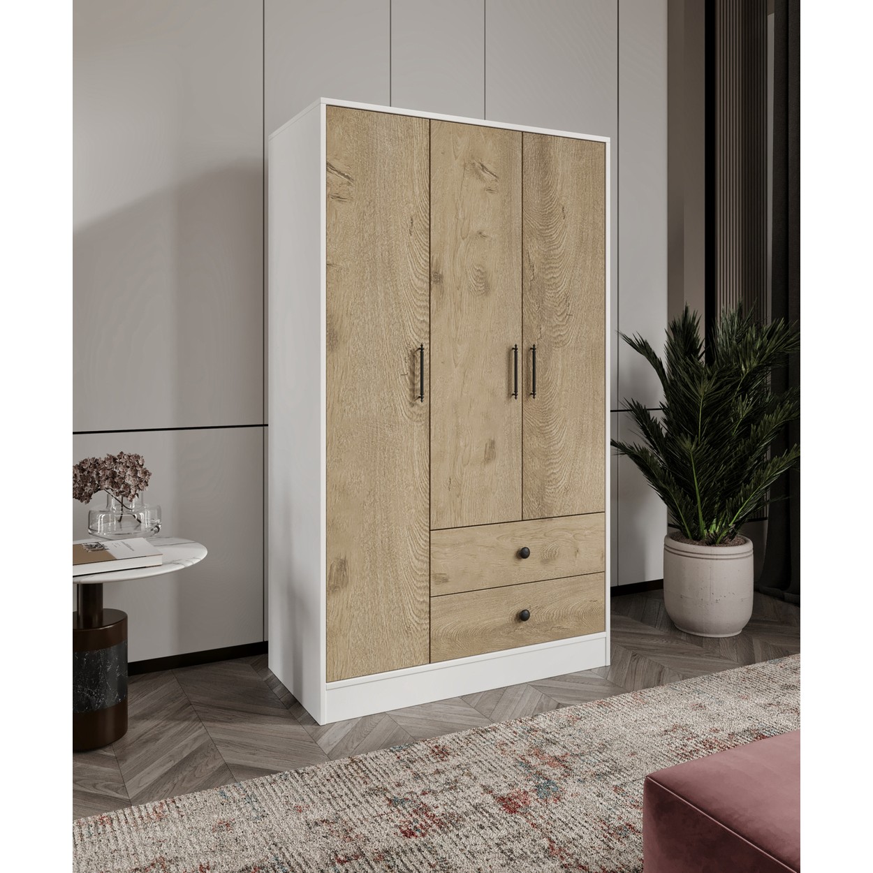 110000842919100.jpg Cabinse %100 Mdf 3 Kapak 2 Çekmece 7 Raflı Elbise Dolabı Meşe-Softbeyaz Kolay Kurulum Animasyonu - Görsel 1