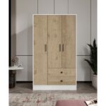 Cabinse %100 Mdf 3 Kapak 2 Çekmece 7 Raflı Elbise Dolabı Meşe-Softbeyaz Kolay Kurulum Animasyonu - Görsel 4