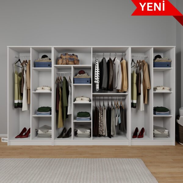 Kardelen Serisi 300  cm  Mat Beyaz 8 Kapılı 14 Raflı Elbise Dolabı - Gardırop Seti