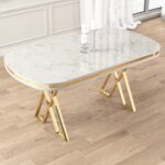 Canisa Zae Serisi 90 x 168 Lak Panel Beyaz Mermer Desen Gold Ayak Masa Takımı 6 Gri Sandalye - Görsel 2