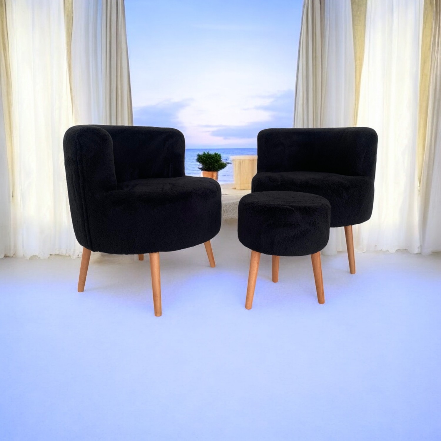 110000894096631.jpg EDAM Siyah Teddy Kumaş Çay Seti Ikili Koltuk Berjer ve Puf Takımı (Salon, Balkon, Ofis) 3'lü Takım - Görsel 1