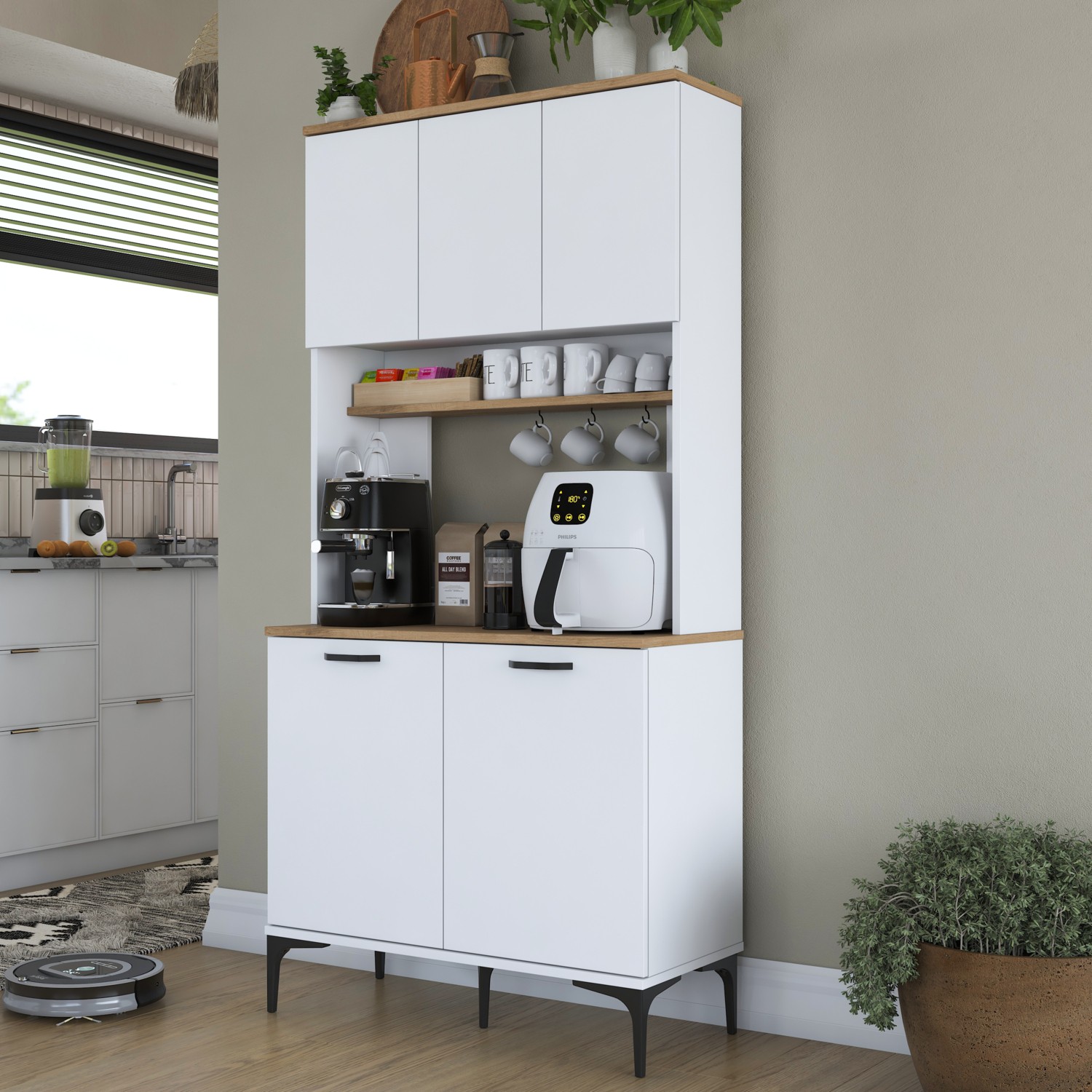 110000896678245.jpg Rani JE192 Çok Amaçlı Dolap 5 Kapaklı Kiler Mutfak Dolabı Beyaz - Sepet Ceviz - Görsel 1