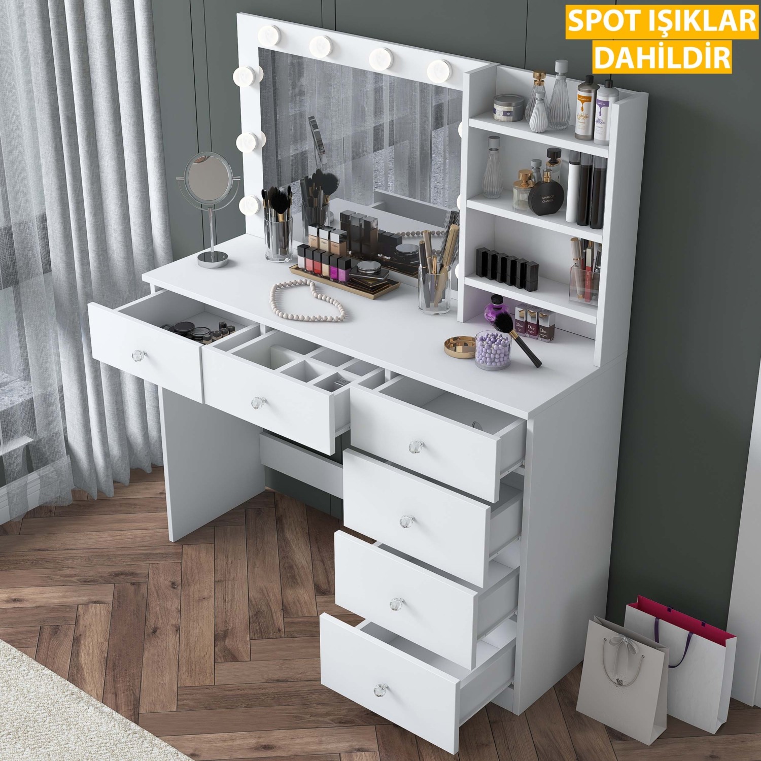 110000896833474.jpg Rani BJ127 Hollywood Işıklı Aynalı Kulis Makyaj Masası 6 Çekmeceli Takı Düzenleyici Beyaz - Görsel 1