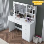 Rani BJ127 Hollywood Işıklı Aynalı Kulis Makyaj Masası 6 Çekmeceli Takı Düzenleyici Beyaz - Görsel 4